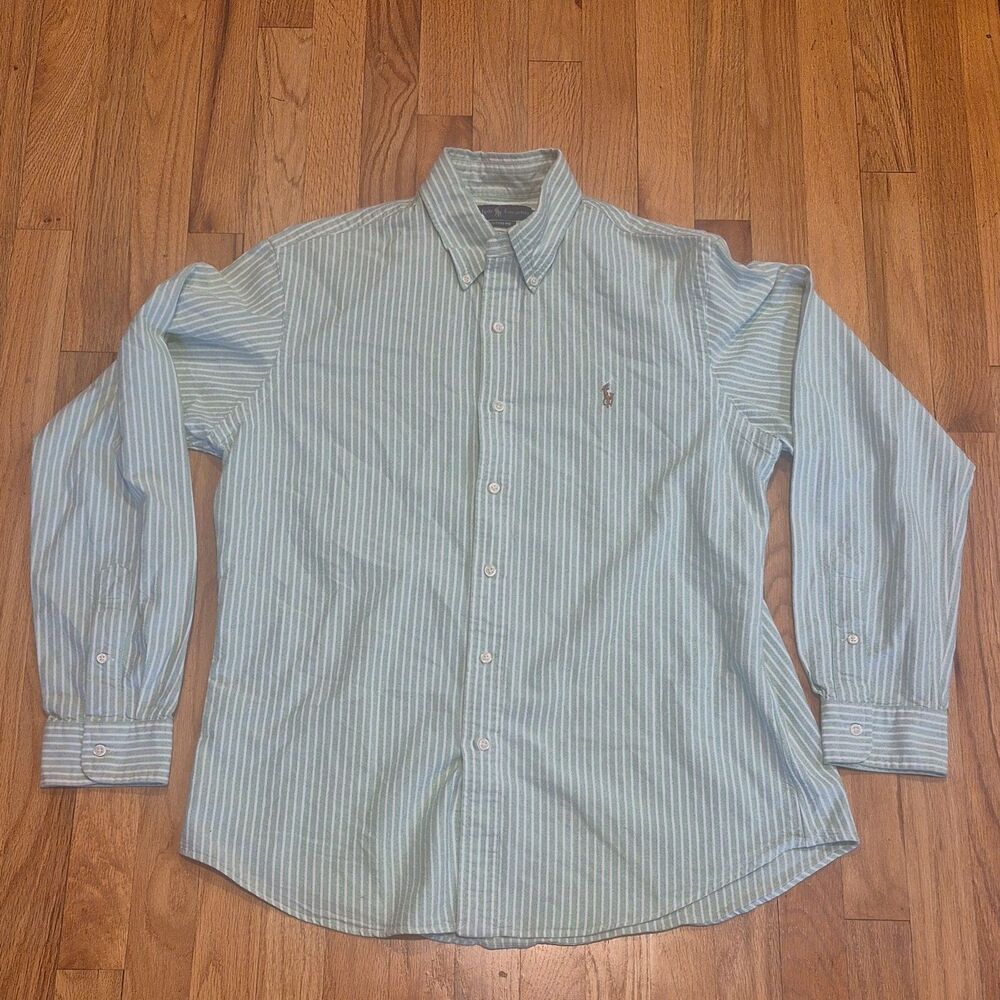 Polo Ralph Lauren Men's Custom Fit Green Striped Long Sleeve Cotton Shirt